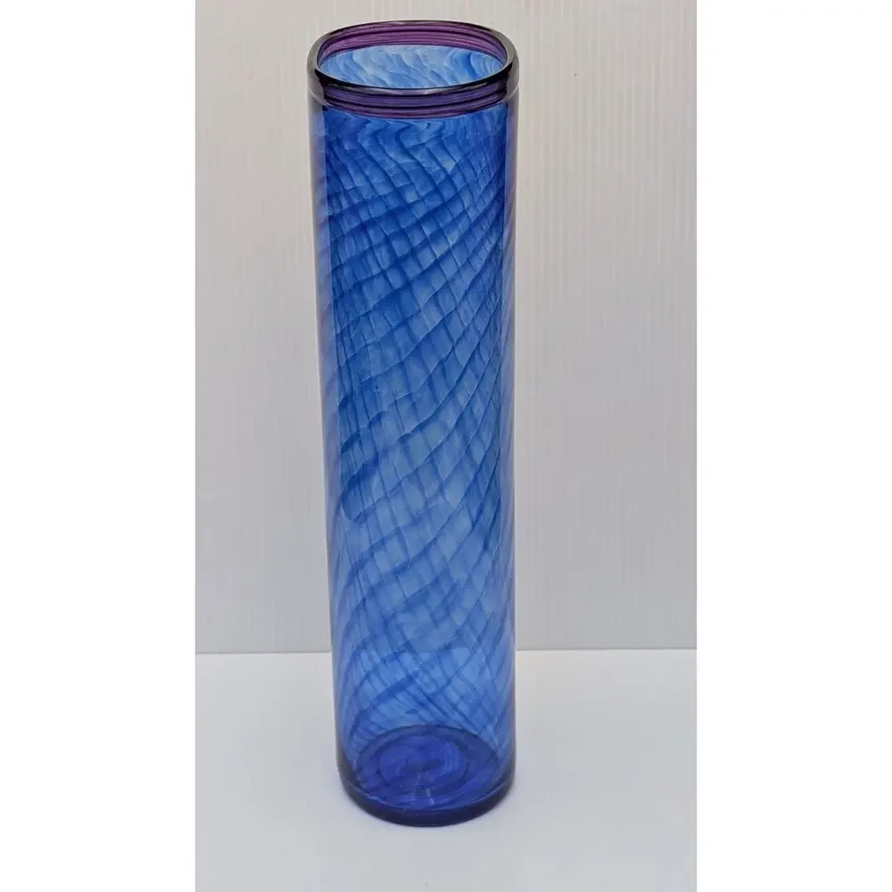 Curtiss Brock Studio CB Glass Blue Purple Spiral Swirl Optic Vase 14.25